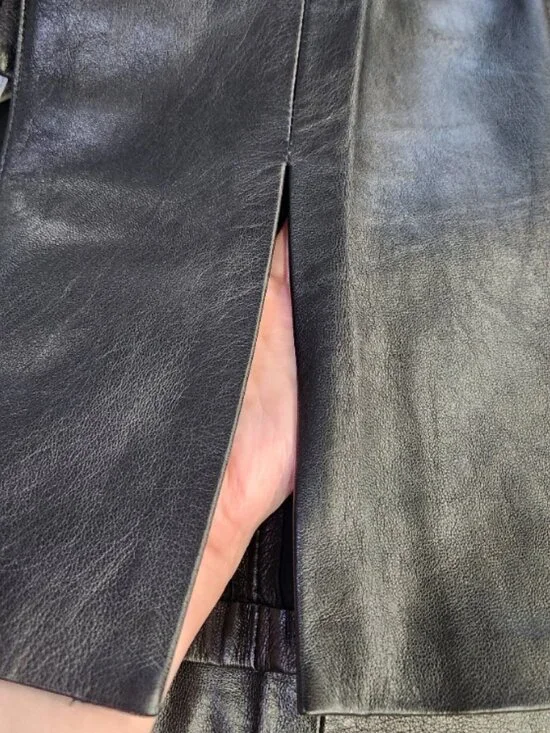 💋CHIC & STYLISH!💋100% Genuine Leather High Waist Slit Hem Flare Pants in Black - Picture 10 of 16